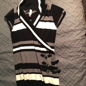 A black, white, and gray shirt dress